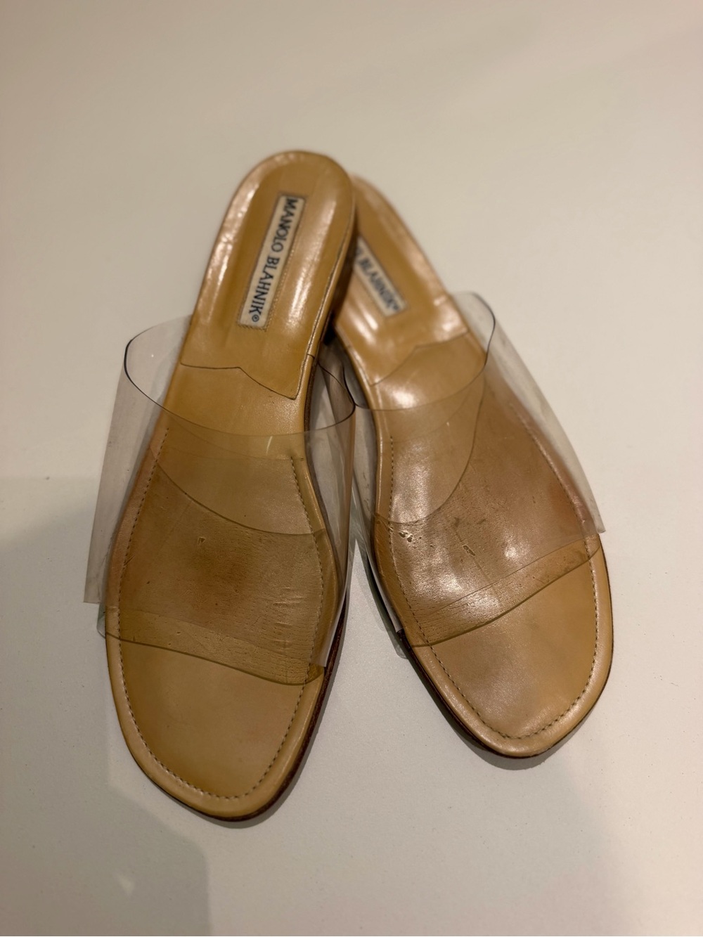 Manolo Blahnik Tan Leather Slides with Clear PVC Strap - Picture 2 of 9